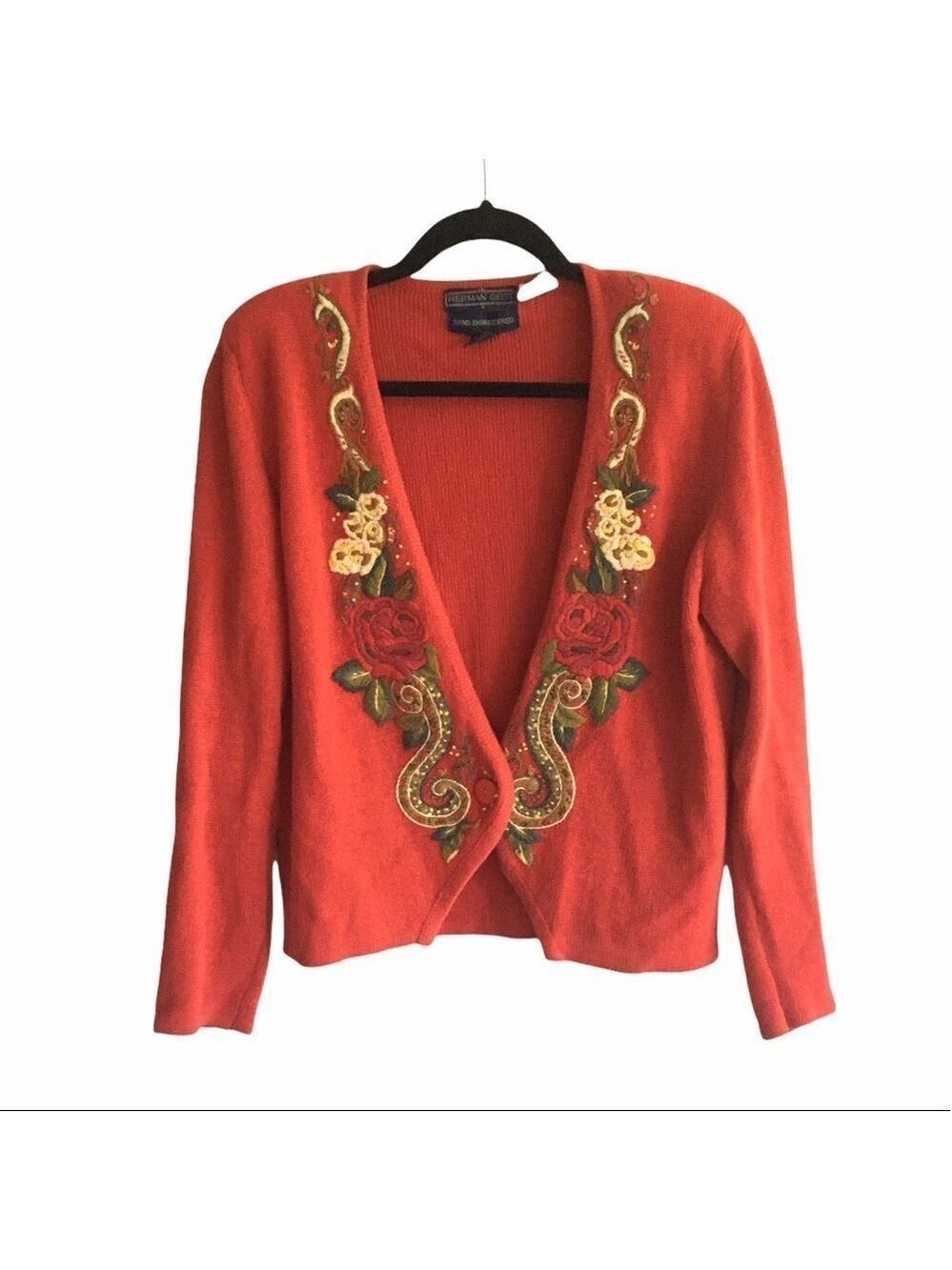 HERMAN GEIST Vintage Floral Embroidered Embellished Cardigan Sweater Red S